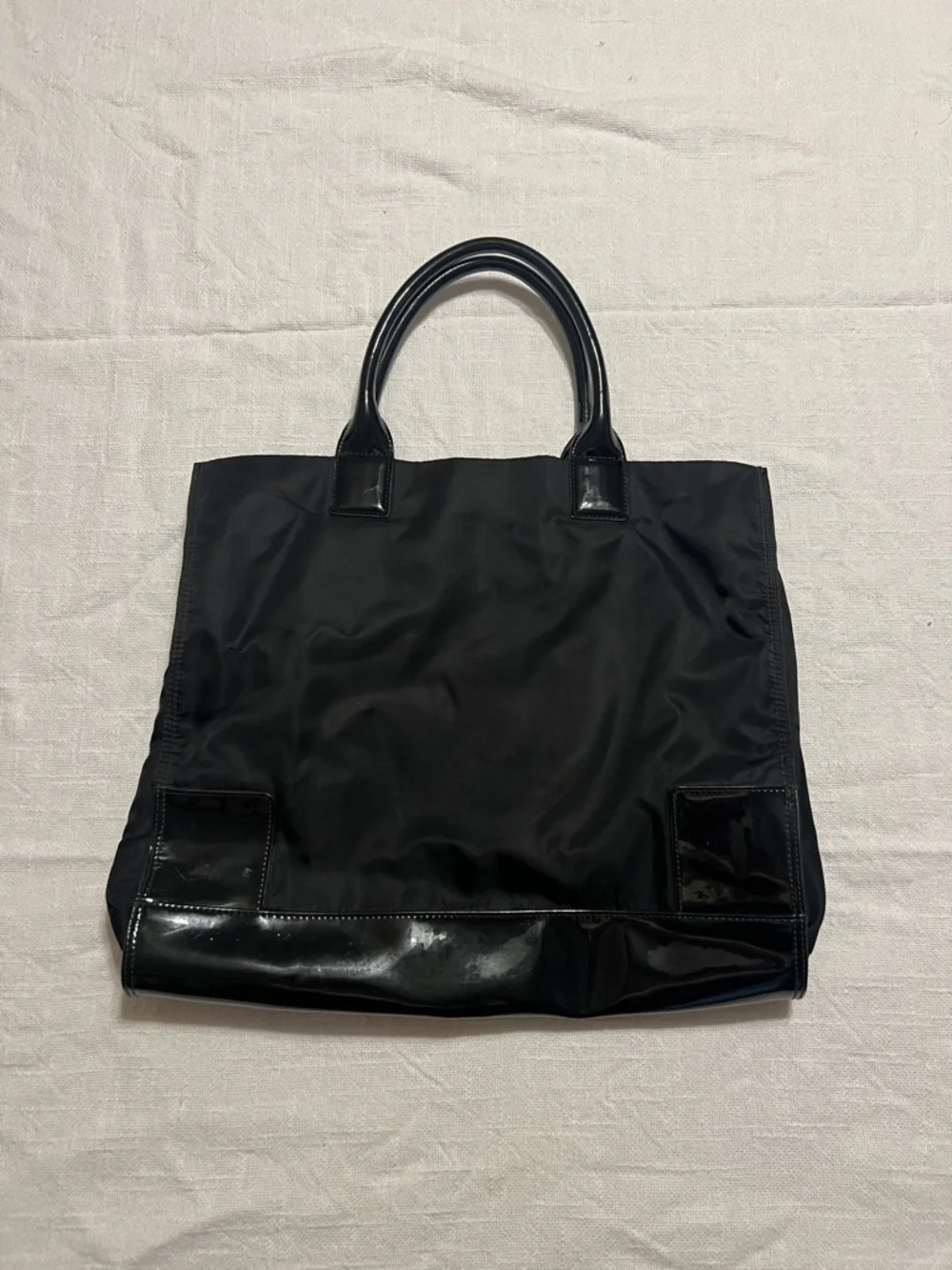 Tory Burch Ella Patent Black Nylon Tote with Glossy Logo Accent